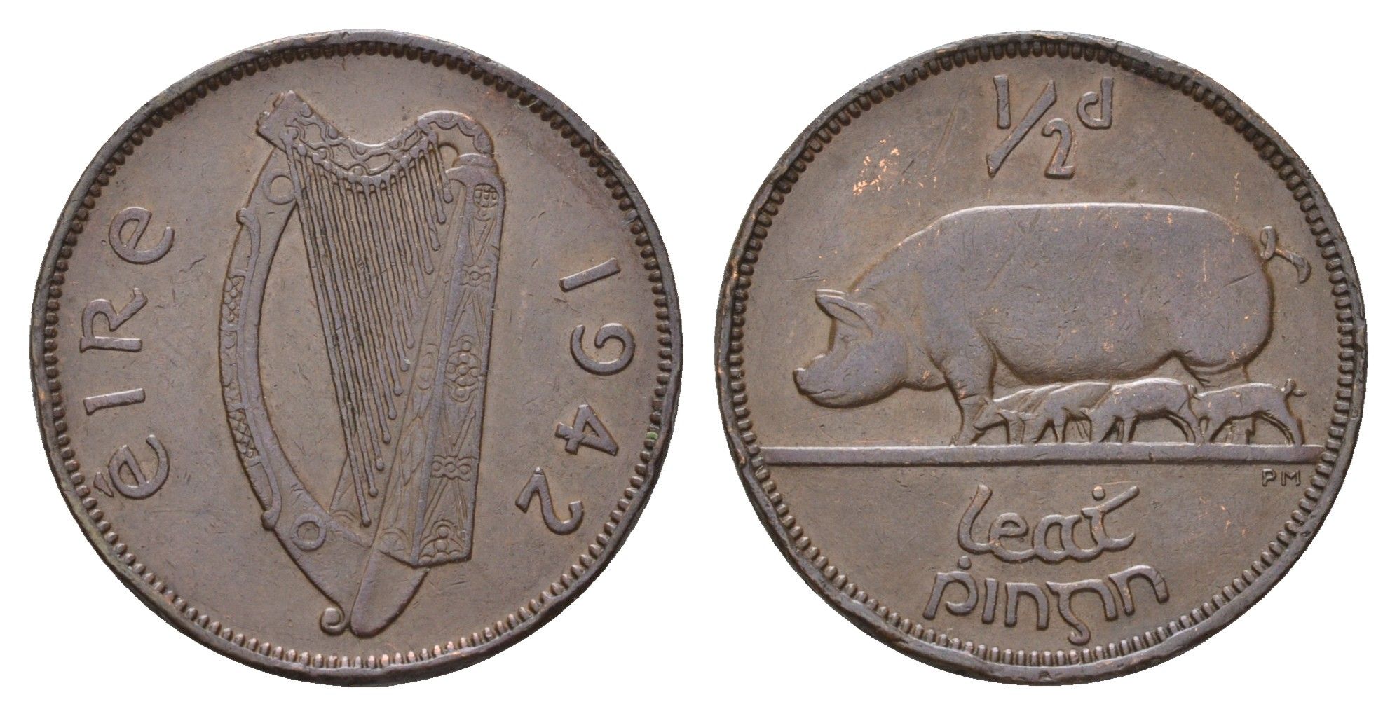 Ирландия 1/2 пенни 1942 свинья с поросятами KM 10 бронза 4691-137