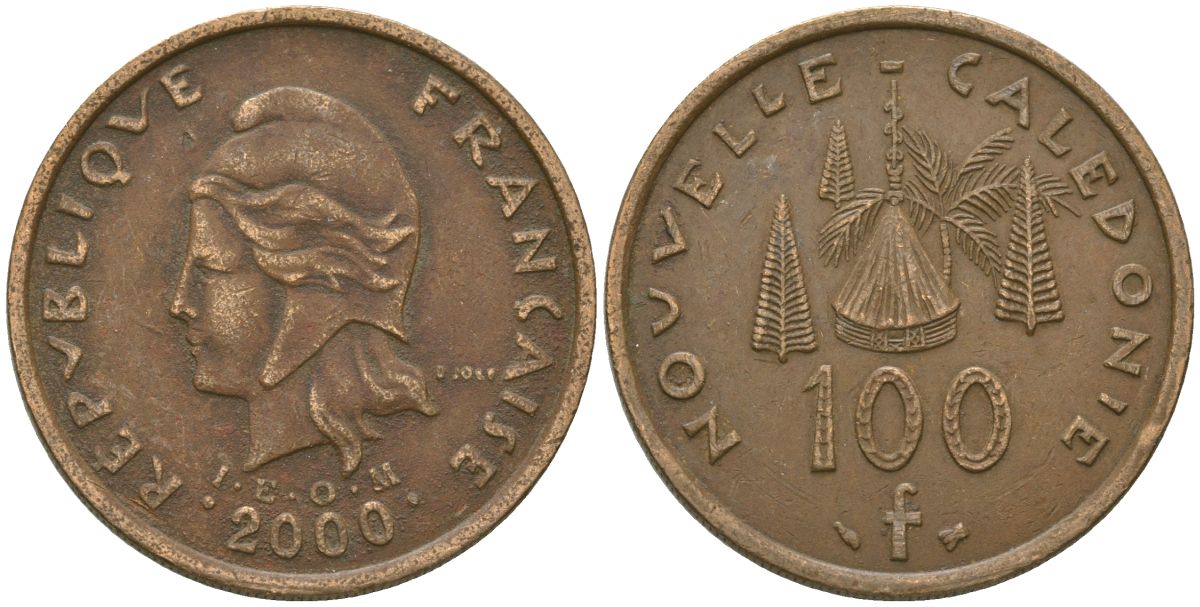 Французская Новая Каледония 100 франков 2000 хижина среди сосен и пальм, (IEOM) KM 15, Schoen 16, Lec 139d никель бронза 97-731