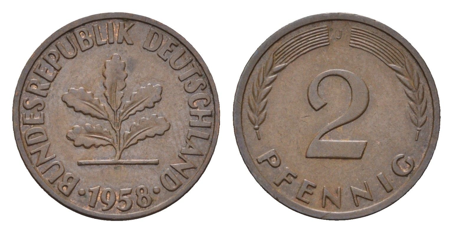 ФРГ 2 пфеннига 1958 J KM 106, J. 381 бронза 4618-663