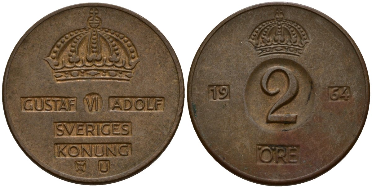 Швеция 2 эре 1964 Густав VI Адольф (1950-1973) KM 821 бронза 4154-739