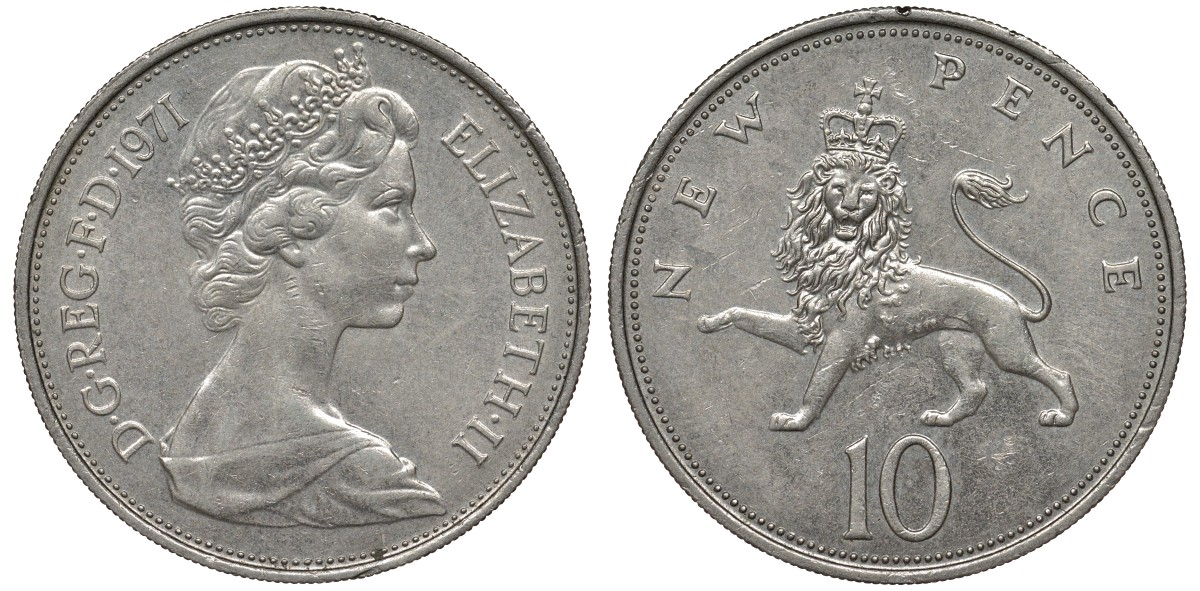 Великобритания 10 пенсов 1971 Елизавета II (1952-2022) KM 912, Spink 4231 (F1) медно-никель 4131-334