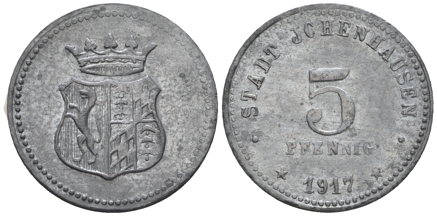 Германия, Ихенхаузен (Ichenhausen) 5 пфеннигов 1917  Menzel 12104.1, Funck 224. 1 B цинк  aUNC  4147-214
