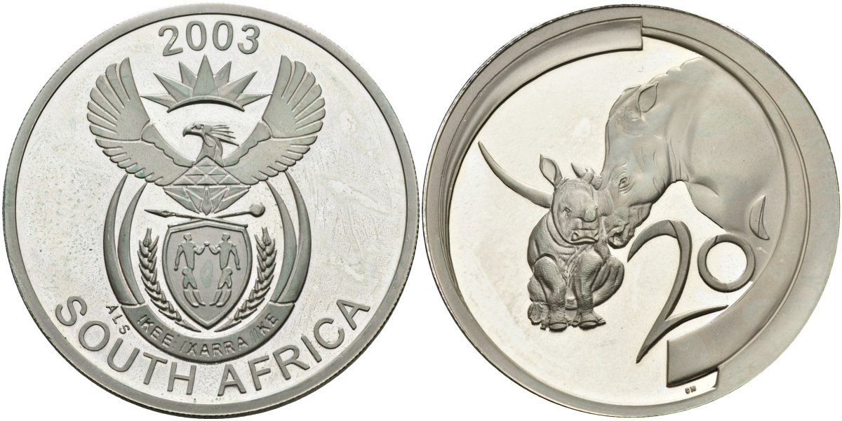 ЮАР 20 центов 2003 серия животный мир Африки, носорог, только в наборах, тираж 700 экземпляров KM 357 серебро PROOF 11-178-45