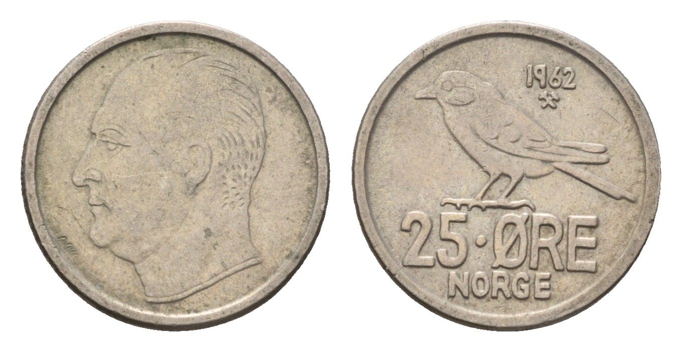 Норвегия 25 эре 1962 Улаф V (1957-1991) KM 407 медно-никель 4702-311