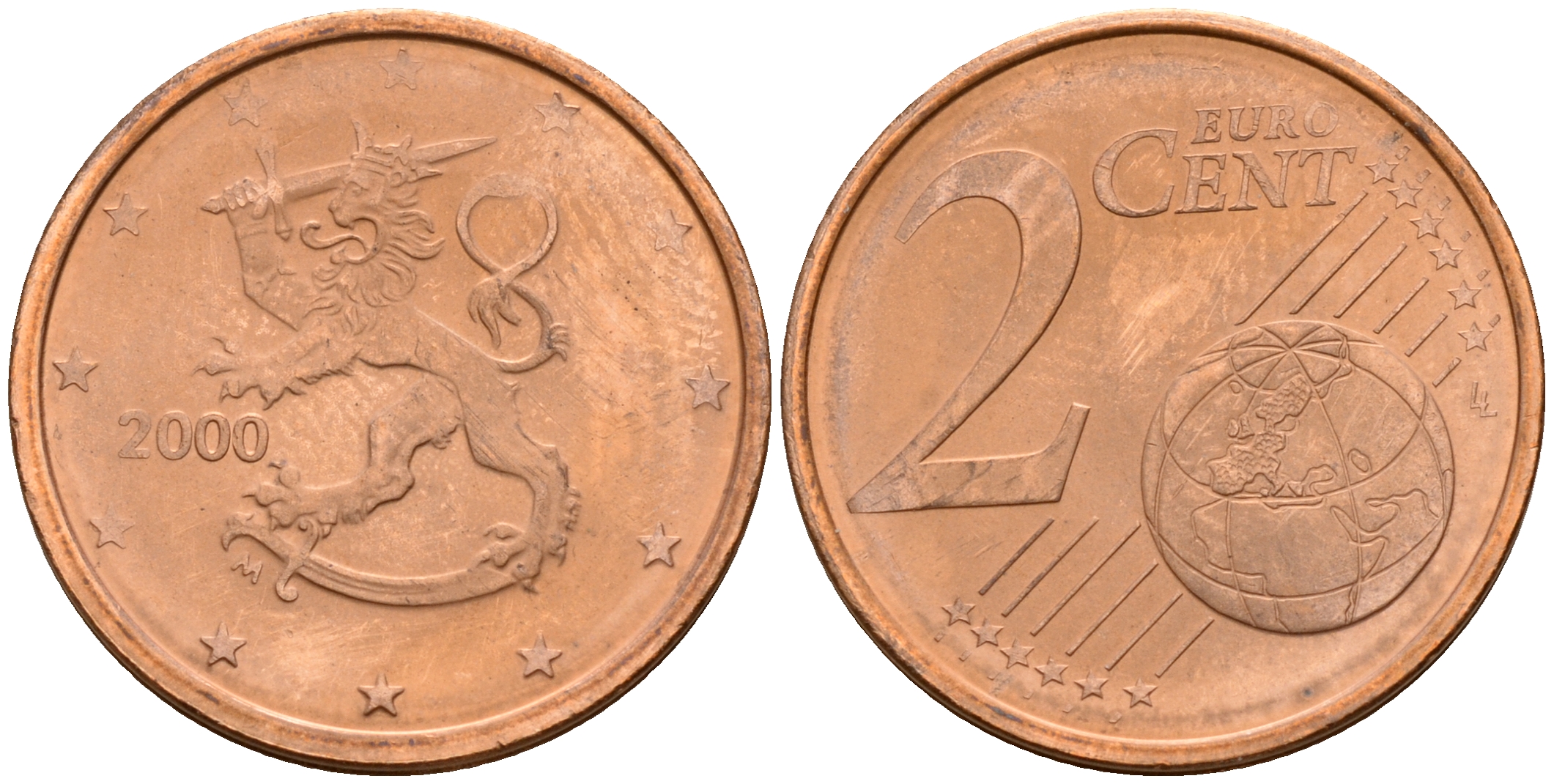 Финляндия 2 евроцента 2000  KM 99 сталь плакированная медью  UNC  4564-367