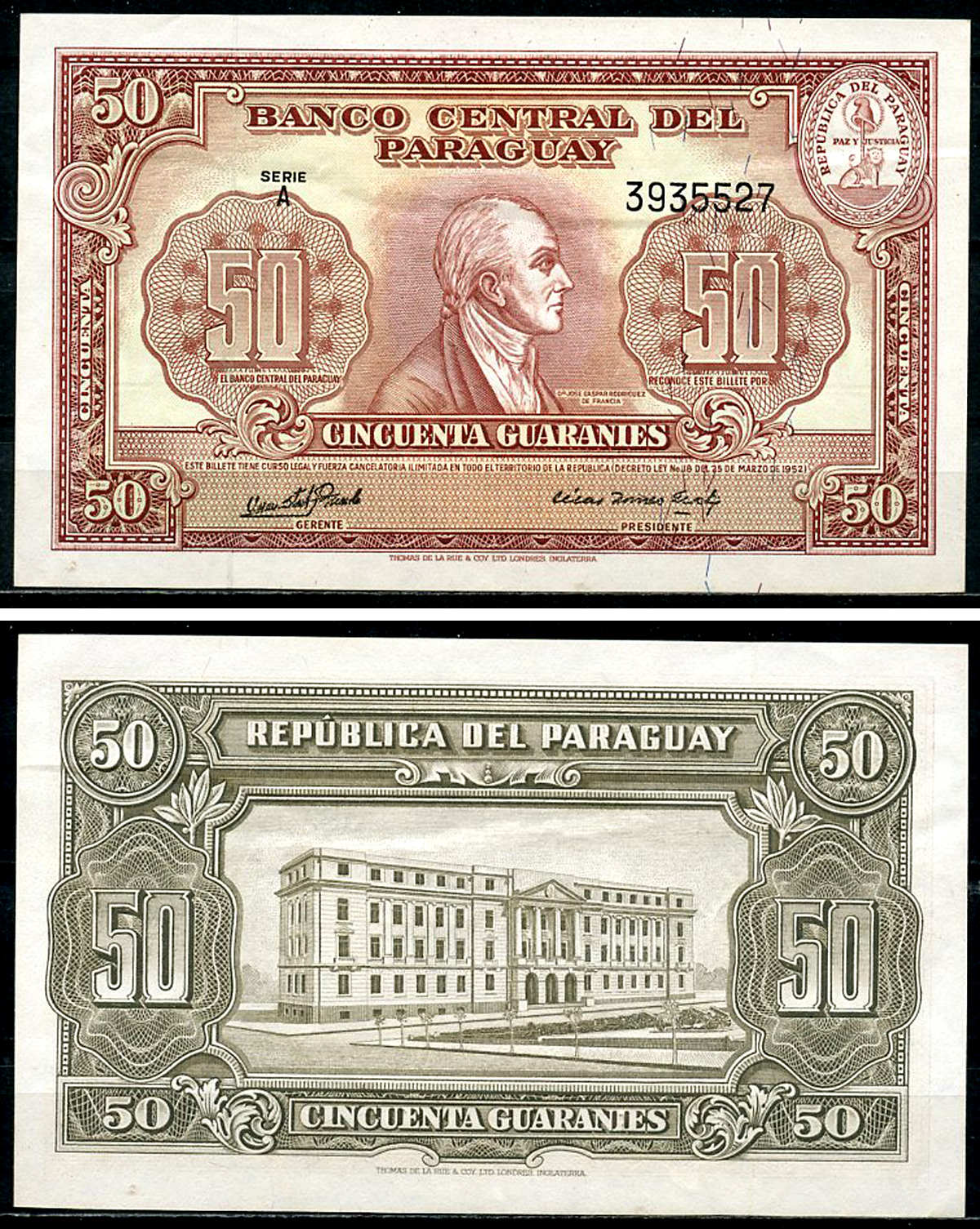 Парагвай 50 гуарани 1952 Хосе Гаспар Родригес де Франсия Pick 192  бумага  UNC (пресс) 451-1186-1
