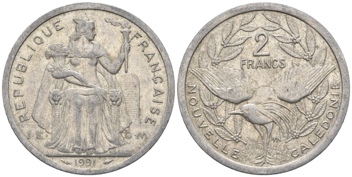 Французская Новая Каледония 2 франка 1991 птица кагу, (IEOM) KM 14, Schoen 11, Lec 67 алюминий    28-147