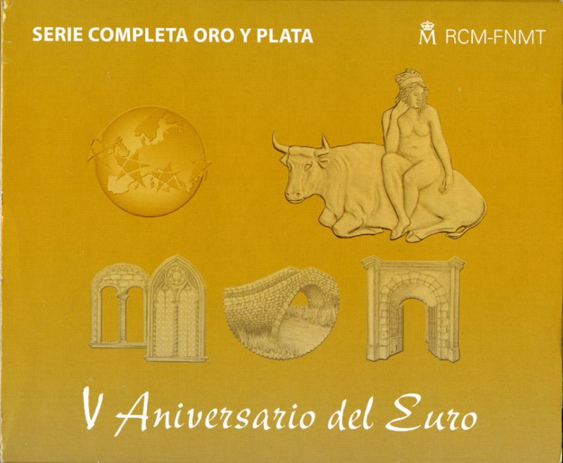 Испания набор из 5 монет - 3 монеты по 10 евро, 50 евро и 400 евро 2007 5-ая годовщина введения евро, памятники KM 1124, 1125, 1126, 1127, 1128 золото, серебро  PROOF 10-011-02 5-4-5-08
