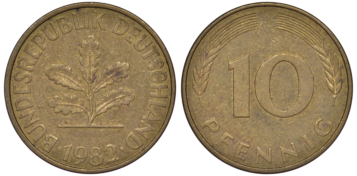 ФРГ 10 пфеннигов 1982 J KM 108, J 383 сталь плакированная латунью 25-1755