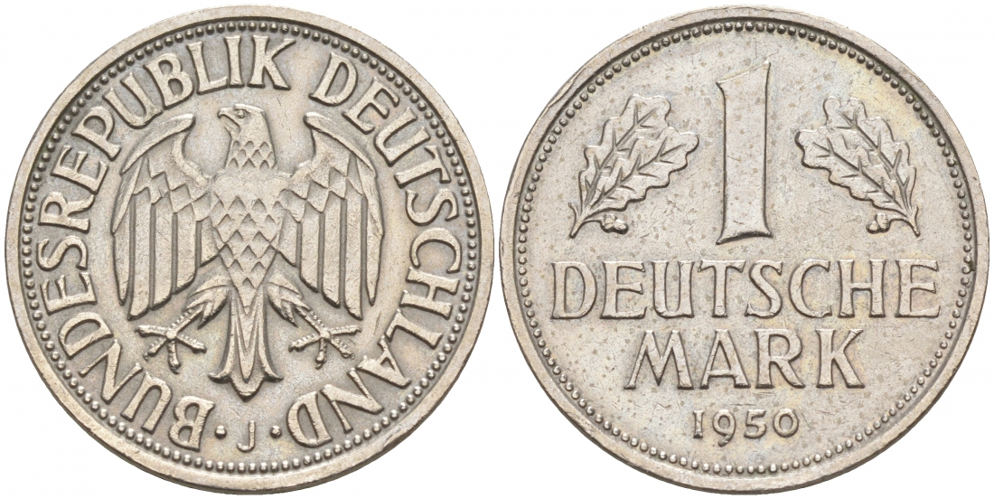 ФРГ 1 марка 1950 J, KM 110, J. 385 медно-никель 3853-132