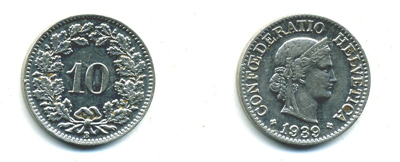 Швейцария 10 раппенов 1939 B KM 27b никель     29-1142
