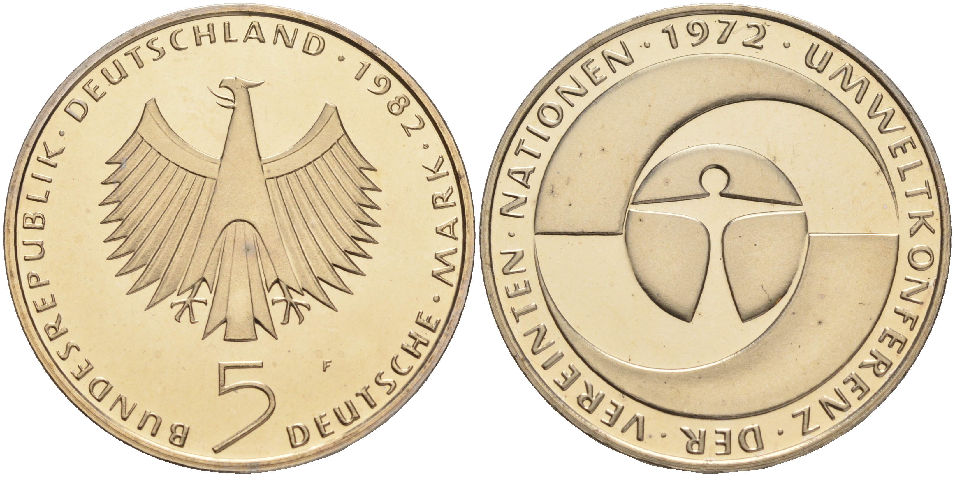 ФРГ 5 марок 1982 F, 10 лет конференции ООН по окружающей среде КМ 157, J.431 медно-никель плакированный никелем плакированный никелем PROOF 02-265-53