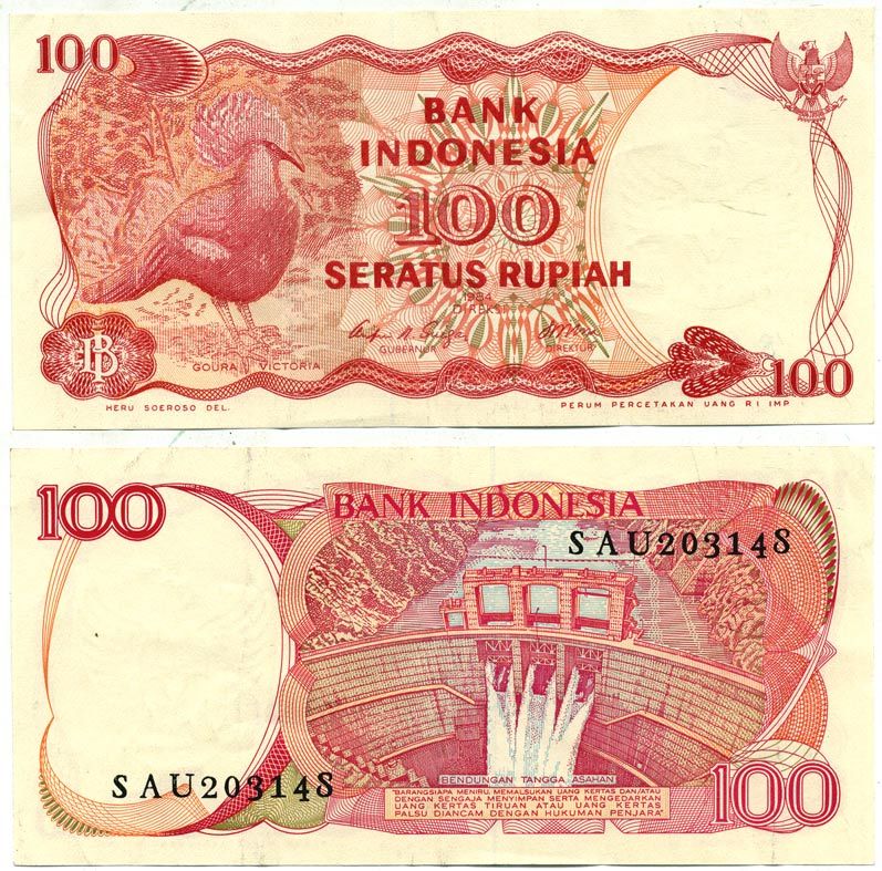 ИНДОНЕЗИЯ 100 РУПИЙ 1984 ВЕНЦЕНОСНЫЙ ГОЛУБЬ, ДАМБА АСАХАНА Pick 122а бумага aUNC 7548-83-2