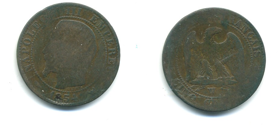 ФРАНЦИЯ 5 САНТИМОВ 1854 W, НАПОЛЕОН III (1852-1870) KM 777.7, LE FRANC 116.15 бронза 84-534