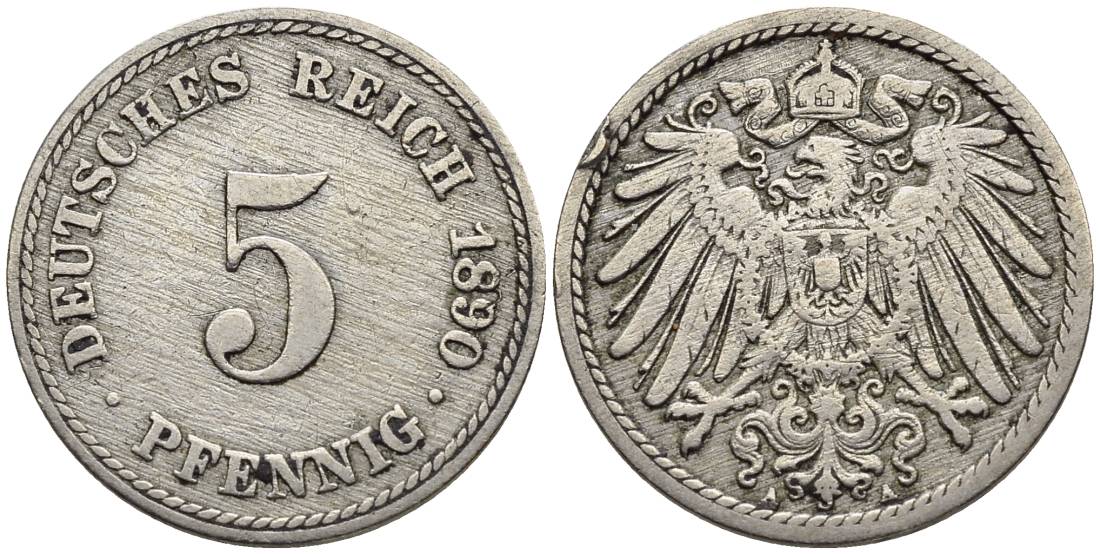 ГЕРМАНИЯ 5 ПФЕННИГОВ 1890 A KM 11, Jager 12, Weege 6 медно-никель 4547-317