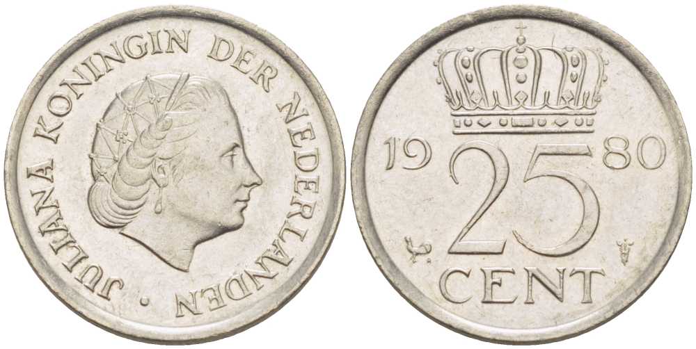 НИДЕРЛАНДЫ 25 ЦЕНТОВ 1980 ЮЛИАНА (1948-1980) KM 183 никель 214-1124