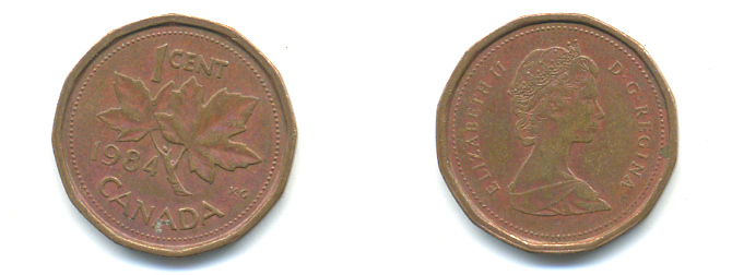 КАНАДА 1 ЦЕНТ 1984 ЕЛИЗАВЕТА II, КЛЕНОВЫЙ ЛИСТ KM 132 бронза 177-1412