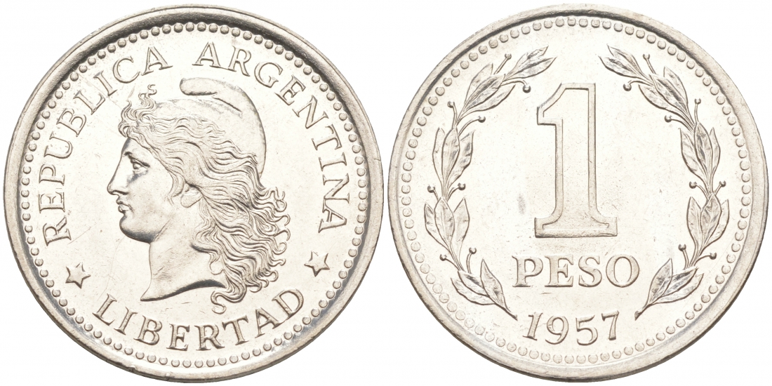 Аргентина 1 песо 1957 голова свободы влево KM 57 сталь плакированная никелем UNC 68-556