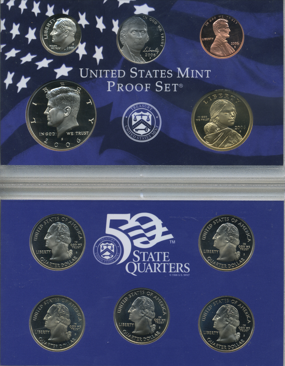 США 2 ОФИЦИАЛЬНЫХ НАБОРА В ОДНОМ 2006 S, ДВА ПРУФСЕТА В ПЛАСТИКОВЫХ КОРОБКАХ, РЕГУЛЯРНЫЙ ЧЕКАН И 5 КВОТЕРОВ ШТАТЫ, В ОРИГИНАЛЬНОЙ КОРОБКЕ С СЕРТИФИКАТОМ PROOF 3-6-2-5