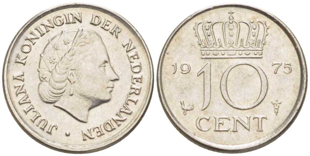 НИДЕРЛАНДЫ 10 ЦЕНТОВ 1975 ЮЛИАНА (1948-1980) KM 182 никель 211-826