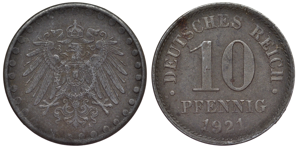 Германия 10 пфеннигов 1921 A KM 20, J. 298 железо 4119-156