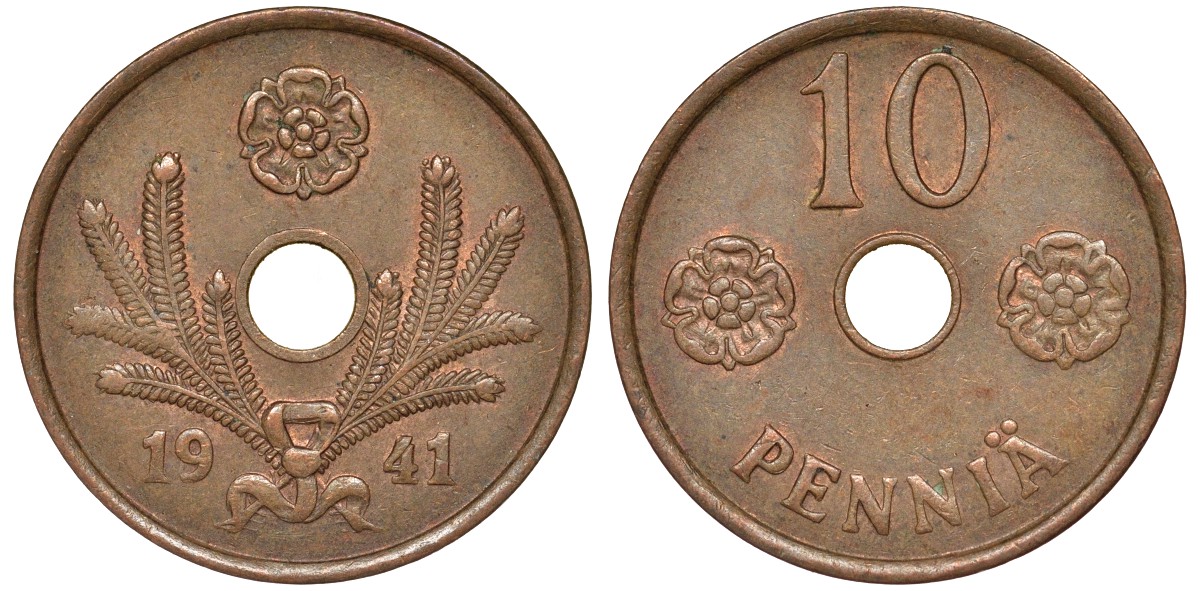 Финляндия 10 пенни 1941 KM 33.1 медь 51-3447