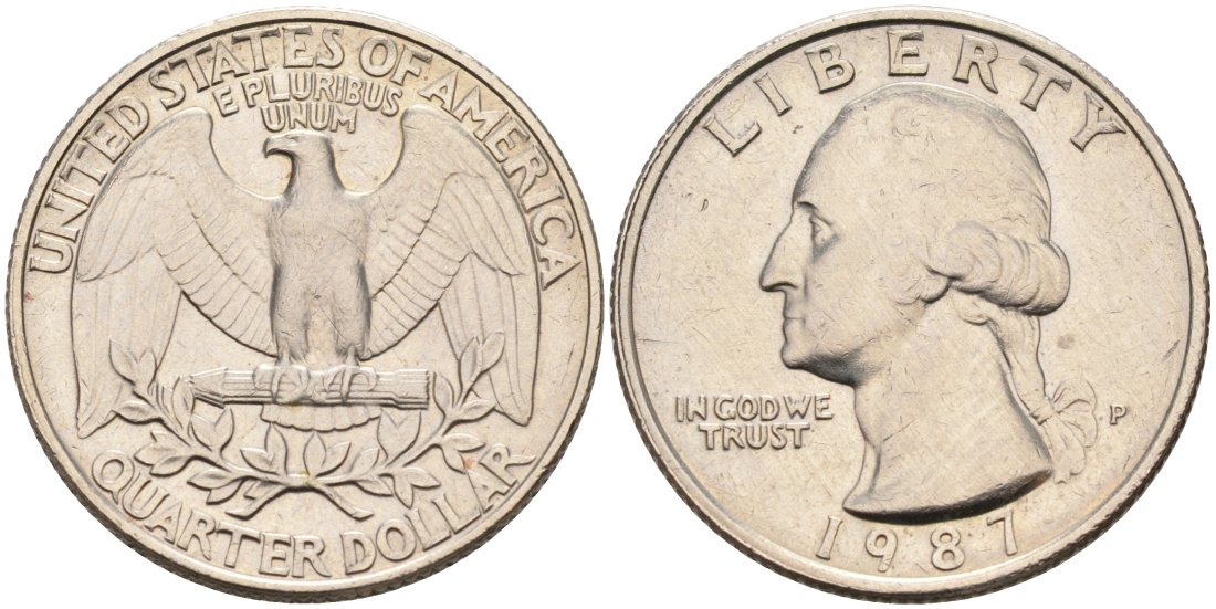 США 25 центов = квотер 1987 P, Вашингтон KM A164a медь плакированная медно-никелем 92-1232