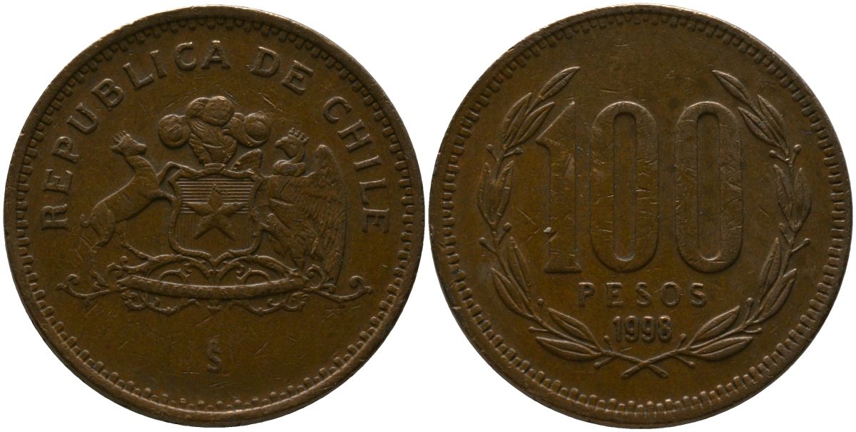 Чили 100 песо 1998 So KM 226.2, Schon 71 алюминиевая бронза 4388-153