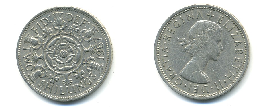 Великобритания 2 шиллинга (флорин) 1967 Елизавета II (1952-2022) KM 906, Spink 4146 медно-никель 80-135
