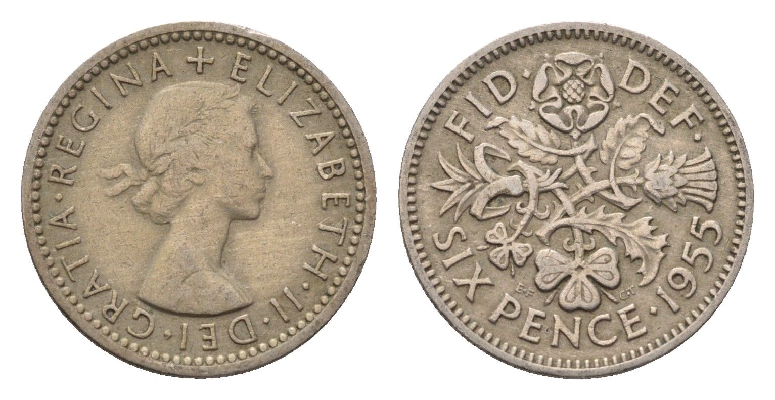 Великобритания 6 пенсов 1955 Елизавета II (1952-2022) KM 903, Spink 4149 медно-никель 4696-821