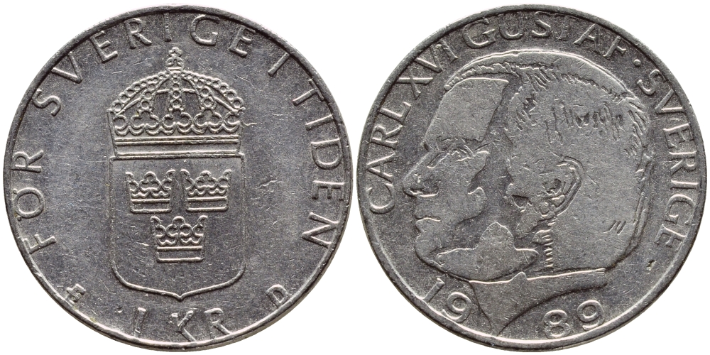 Швеция 1 крона 1989 Карл XVI Густав (1973- ) KM 852a медно-никель 4397-1236