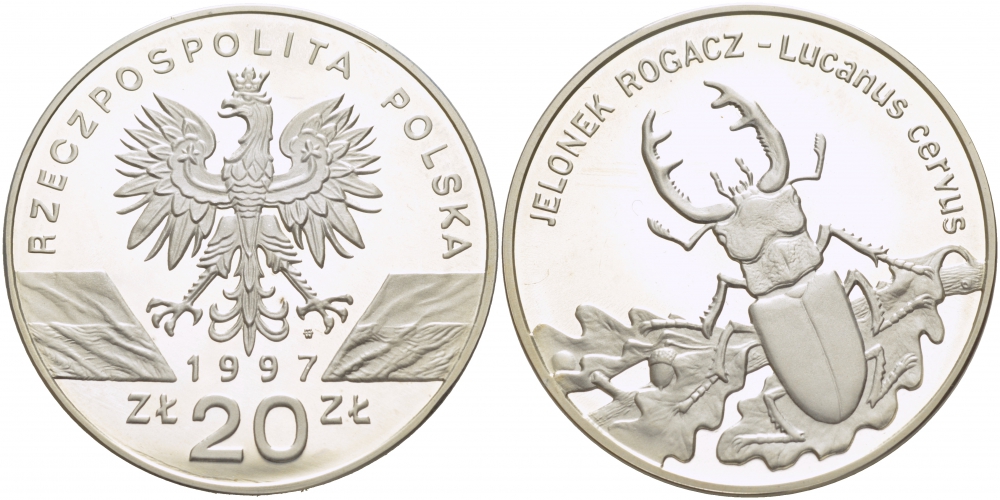 Польша 20 злотых 1997 серия сохраним наш мир, жук-олень (рогач) KM 330 серебро PROOF 00-805-63
