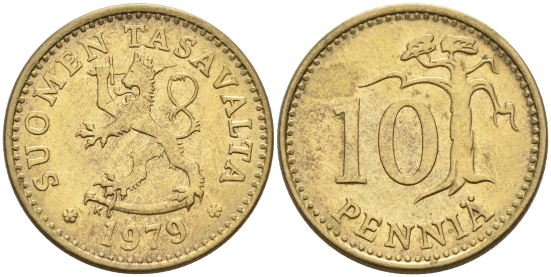 ФИНЛЯНДИЯ 10 ПЕННИ 1979 K KM 46 алюминиевая бронза 192-1044