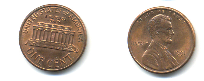 США 1 ЦЕНТ 1991 ЛИНКОЛЬН KM 201b цинк плакированный медью UNC 179-438