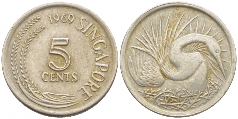 Сингапур 5 центов 1969 большая белая цапля KM 2 медно-никель 105-1245