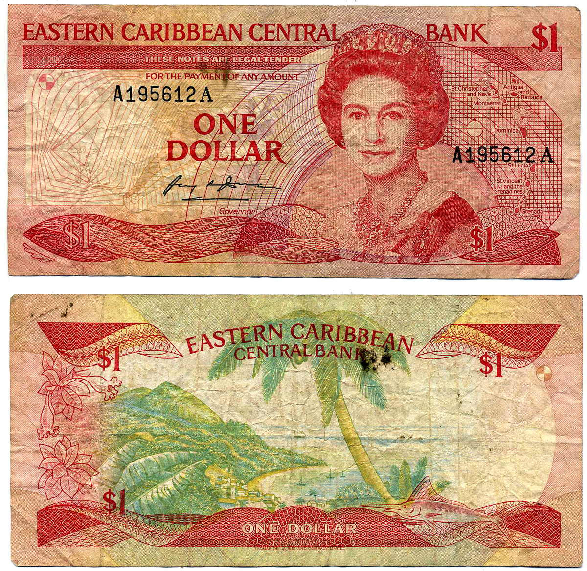 Восточно-Карибские штаты 1 доллар 1988-1989 TDLR, буква А Pick 21а бумага VF 2197-31-1-2