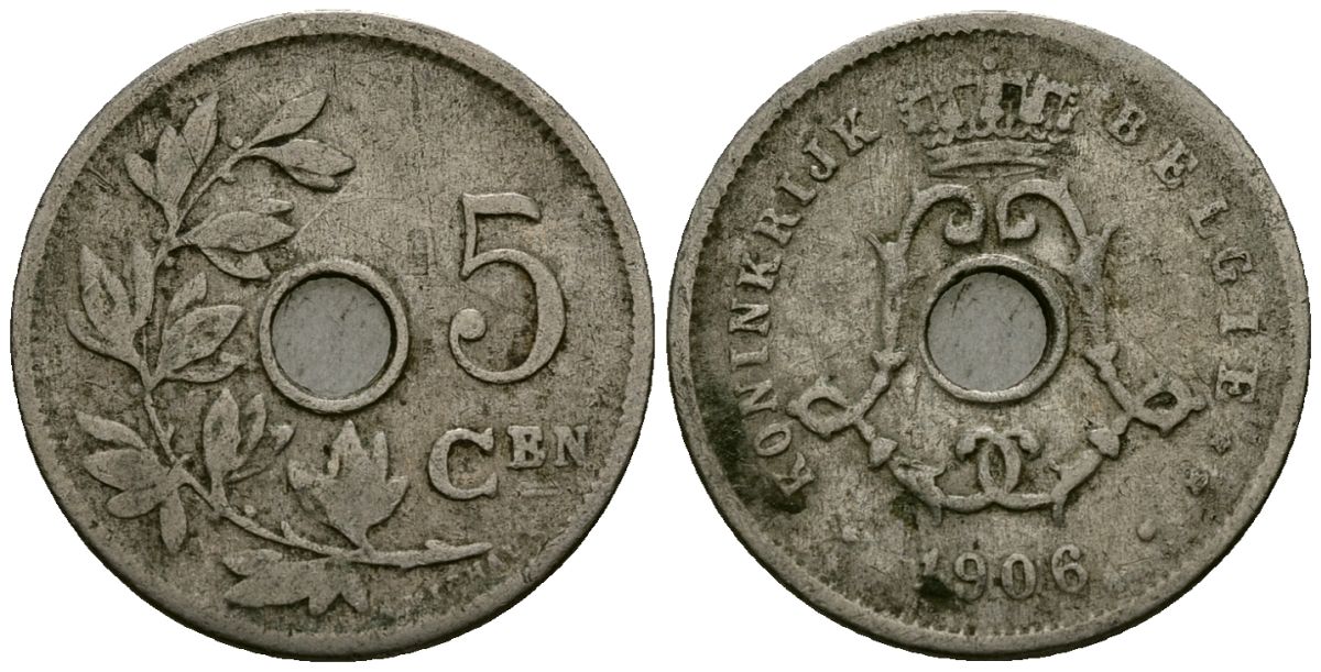 Бельгия 5 сантимов 1906 Belgie, Леопольд II (1865-1909) KM 55 медно-никель 4173-141