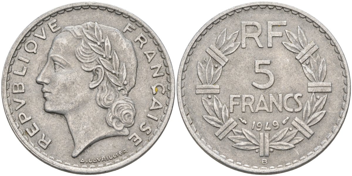 Франция 5 франков 1949 В, тип Лаврийе KM 888b.2, Le Franc 339.19 алюминий 4367-646