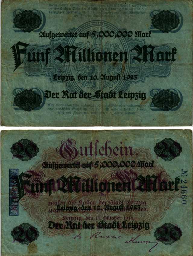 ГЕРМАНИЯ 5000000 МАРОК 1923 10 АВГУСТА 1923, ЛЕЙПЦИГ, НОТГЕЛЬД, НАДПЕЧАТКА НА 20 МАРКАХ 1918 ГОДА, ЛЕЙПЦИГ бумага 444-105-2