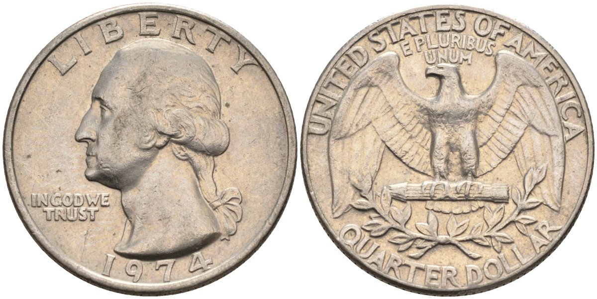 США 25 центов (квотер) 1974 Вашингтон KM 164a медь плакированная медно-никелем 4584-1035