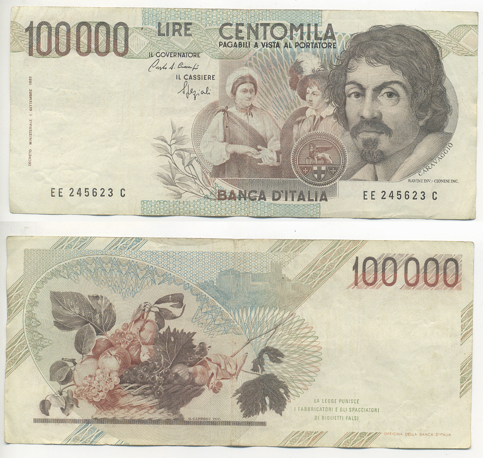Италия 100000 лир 1983 Караваджо, фруктовый букет, подпись Speziali Pick 110b бумага 7220-20-1