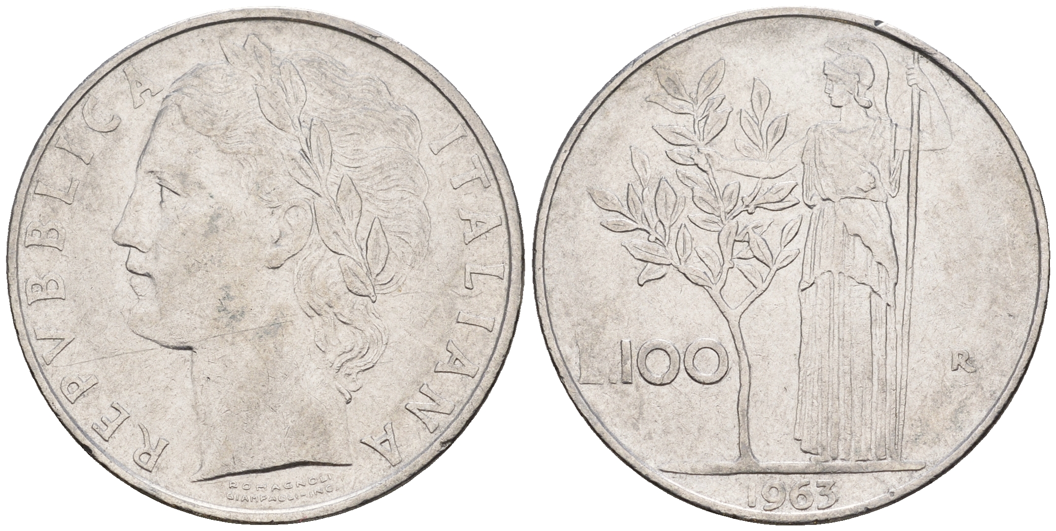 Италия 100 лир 1963 R, богиня Афина KM 96.1 нержавеющая сталь 259-145