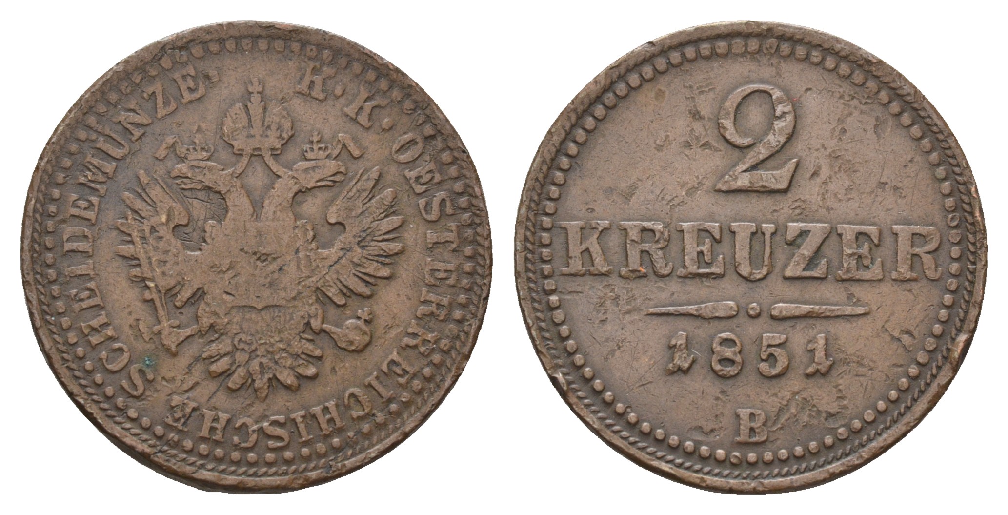 Австрия 2 крейцера 1851 B, Франц Иосиф I (1848-1916) KM 2189 медь    4577-354
