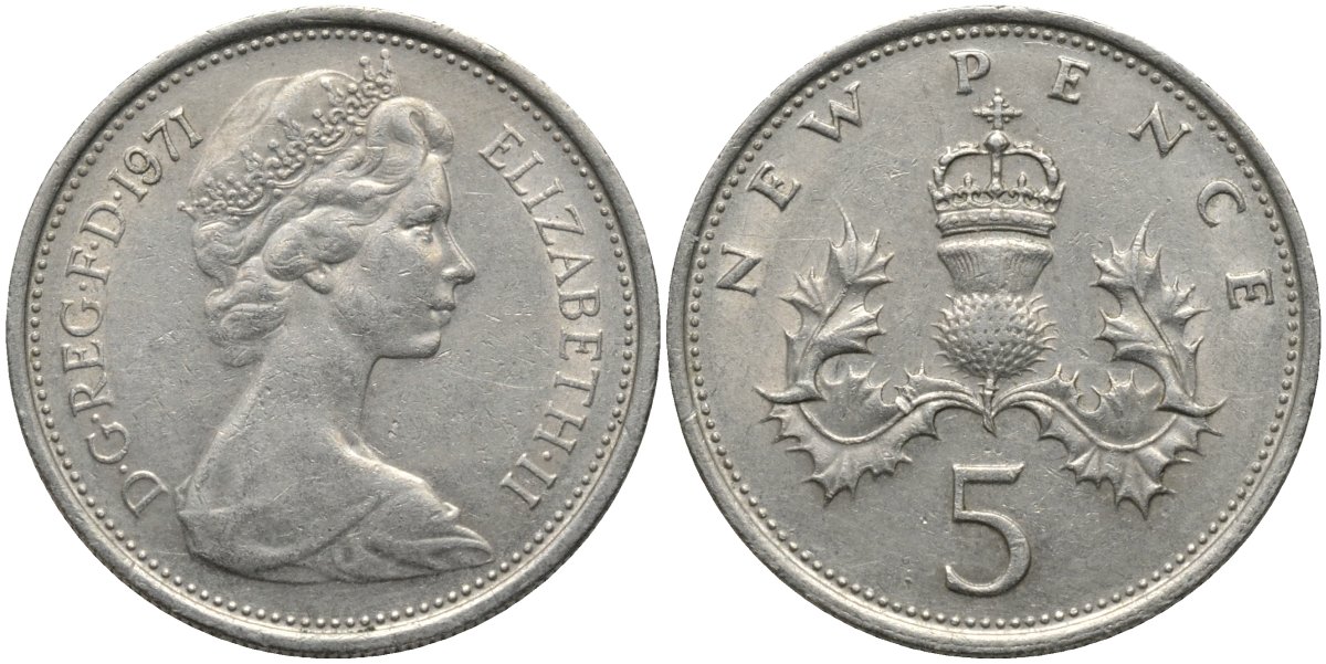 Великобритания 5 пенсов 1971 Елизавета II (1952-2022) KM 911, Spink 4233 (D1) медно-никель 4171-554