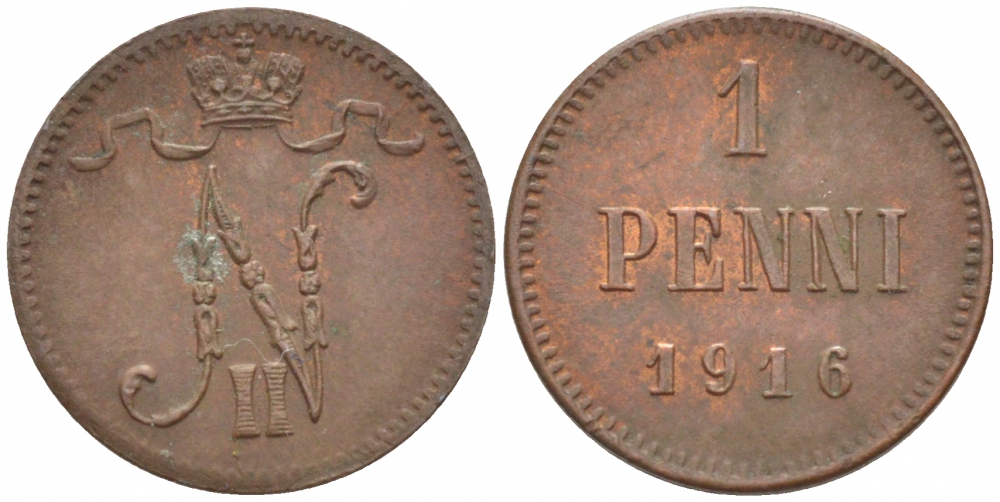 РОССИЯ ДЛЯ ФИНЛЯНДИИ 1 ПЕННИ 1916 НИКОЛАЙ II (1895-1917) KM 13, Биткин 476 медь 211-1047