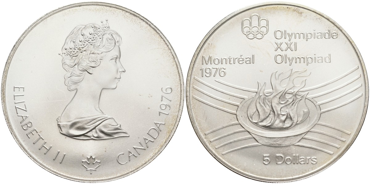 Канада 5 долларов 1975 XXI летние Олимпийские игры в Монреале 1976 года, Олимпийский огонь KM 110 серебро UNC 1525-513