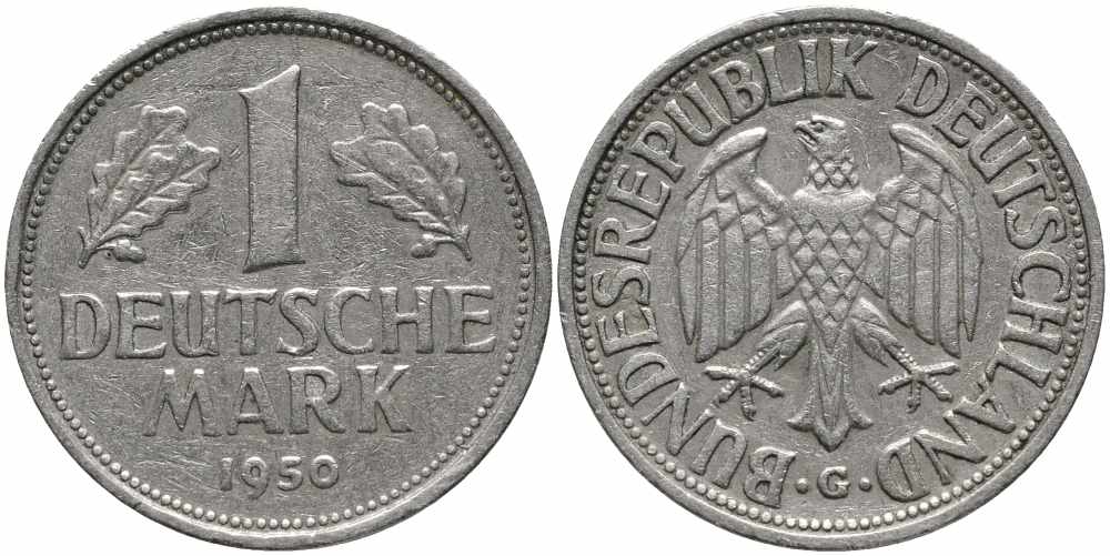 ФРГ 1 марка 1950 G, KM 110, J. 385 медно-никель 113-156