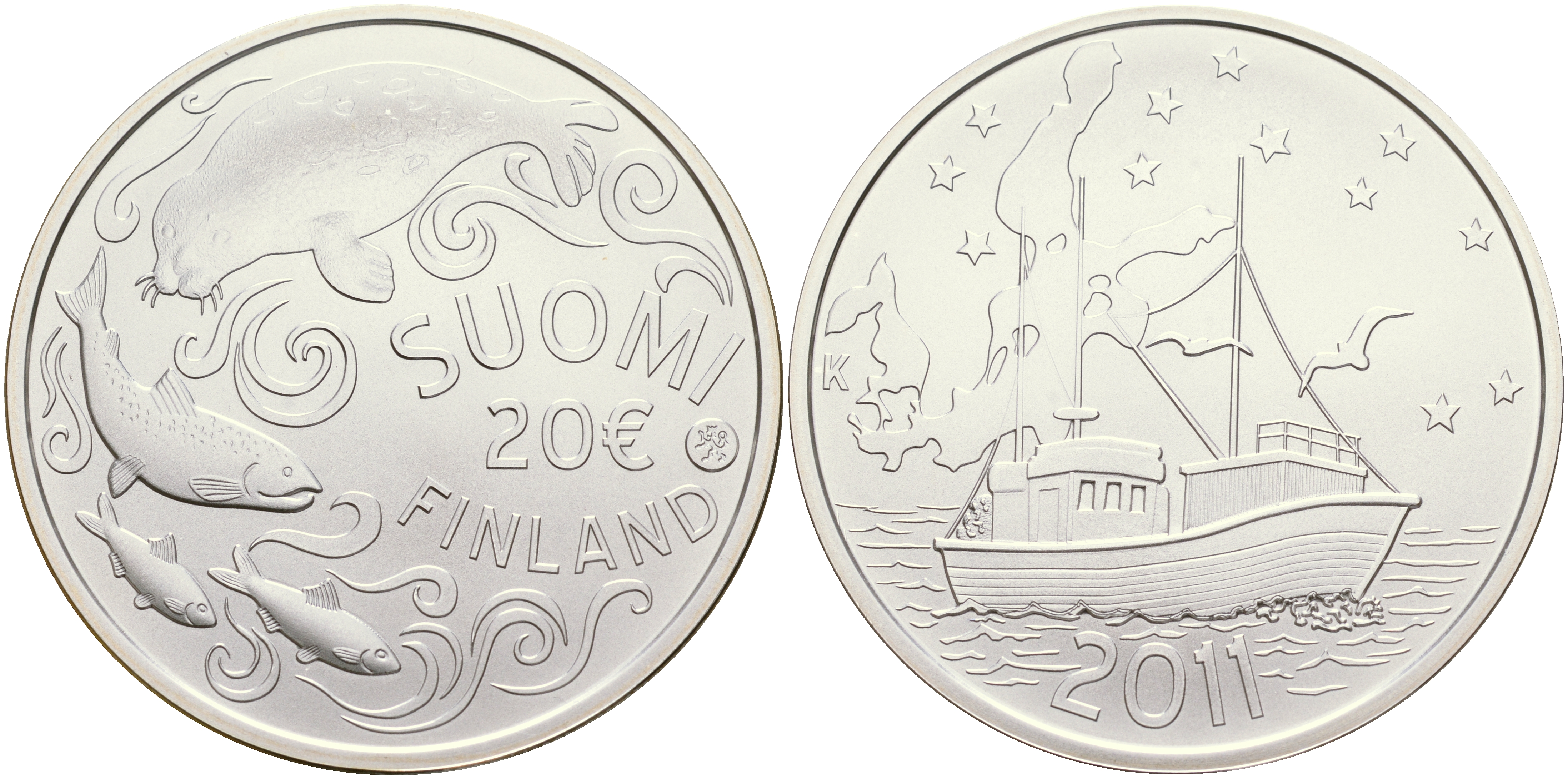 Финляндия 20 евро 2011 защита Балтийского моря, нерпа, сертификат KM 169 a серебро UNC 1066-10-35