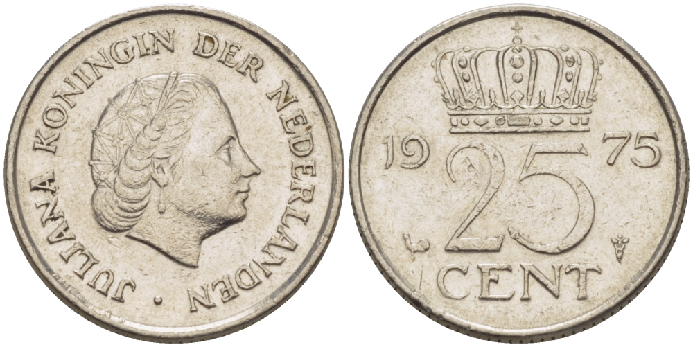Нидерланды 25 центов 1975 Юлиана (1949-1980) KM 183 никель 3458-228