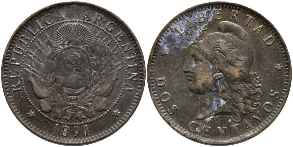 Аргентина 2 сентаво 1891 голова свободы влево KM 8 бронза 4531-1013